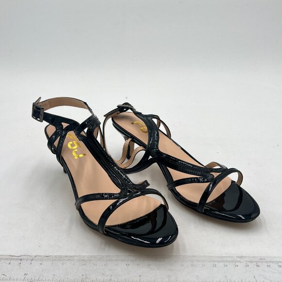 FSJ Black T-Strap Sandal Open Toe Stacked Kitten Heel Strappy Shoe - Picture 4 of 8